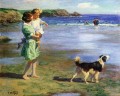 Edward Henry Potthast madre y niña con perro en Seaside pet kids